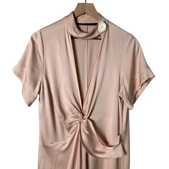 Zara Blush Knotted Satin Midi Dress Plunging Neckline Leg Slit Button Collar, S - Picture 4 of 15